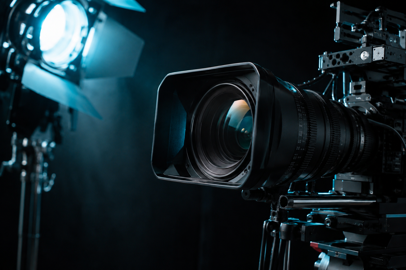 Cinema camera lens in studio light