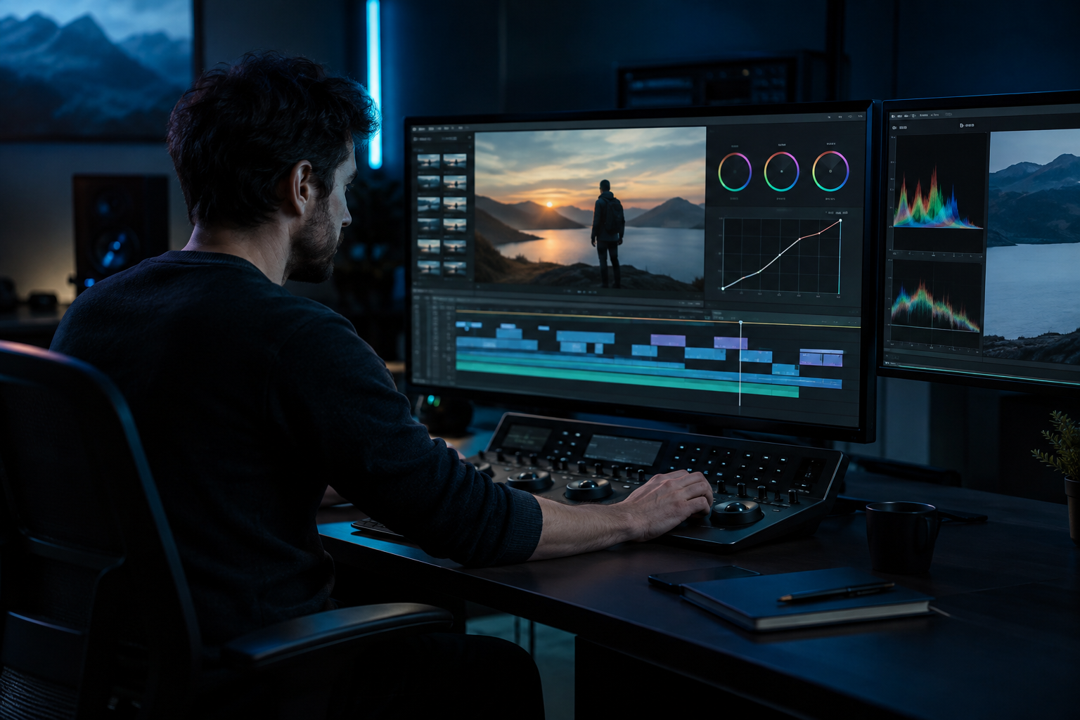 Video editor at a post-production workstation